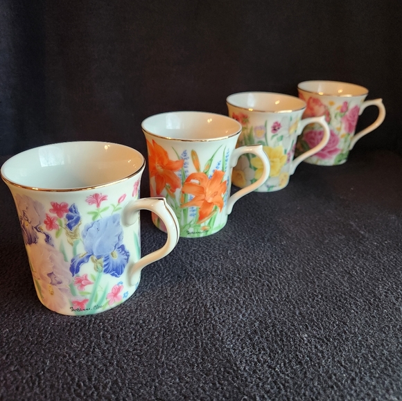 4 Lenox Porcelain Flowers Tea Cups Coffee Garden Glass Set - Picture 2 of 11